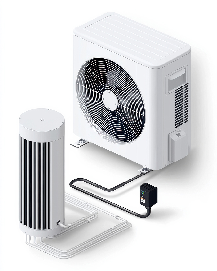 A modern air conditioning unit with an outdoor compressor and a